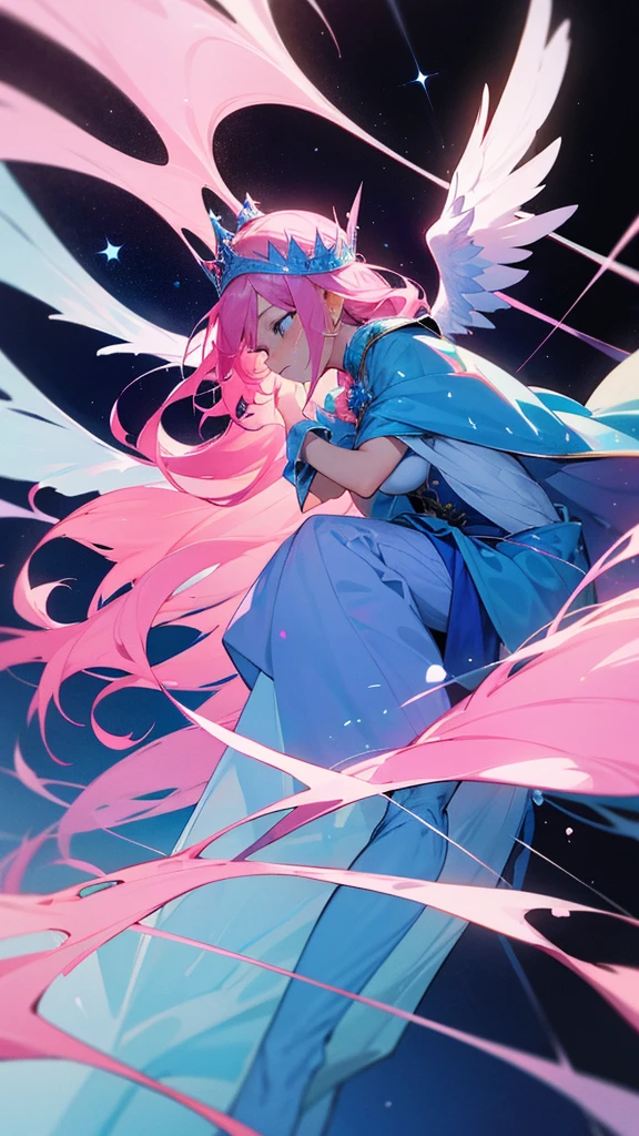 Woman, pink hair, blue stars His face was hopeless and crying. He was tall and thin, wearing a blue and pink divine outfit, blue and pink trousers, and a crown. There are white and black god wings. in mobile phone globe