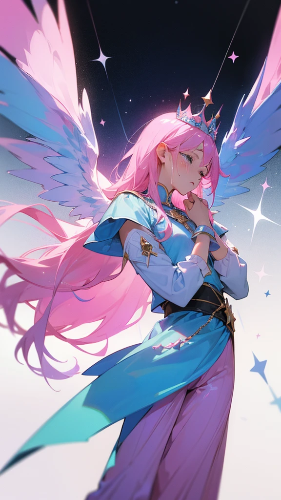 Woman, pink hair, blue stars His face was hopeless and crying. He was tall and thin, wearing a blue and pink divine outfit, blue and pink trousers, and a crown. There are white and black god wings. in mobile phone globe