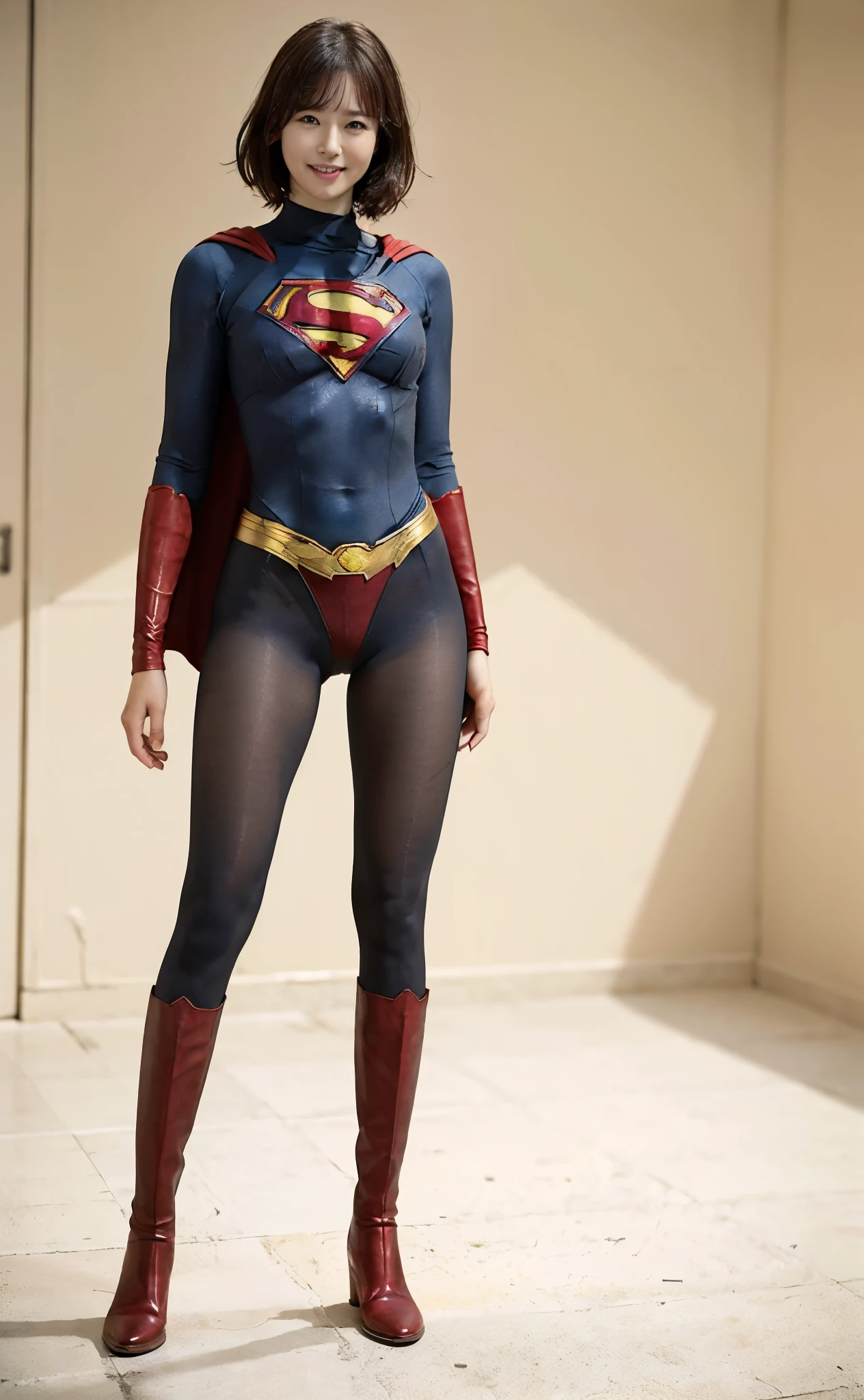 No background、(((Beautiful legs in black tights.)))、(((Legally express the beauty of your smile)))、((((Make the most of your original images)))、(((Supergirl Costume)))、(((Beautiful very short hair)))、(((suffering)))、(((Please wear black tights....、Wear red boots)))、((Best image quality、8K))、((Highest quality、8K、masterpiece:1.3))、(((Preserve background )))、Sharp focus:1.2、Beautiful woman with perfect figure:1.4、Slim Abs:1.2、Wet body:1.5、Highly detailed face and skin texture、8K