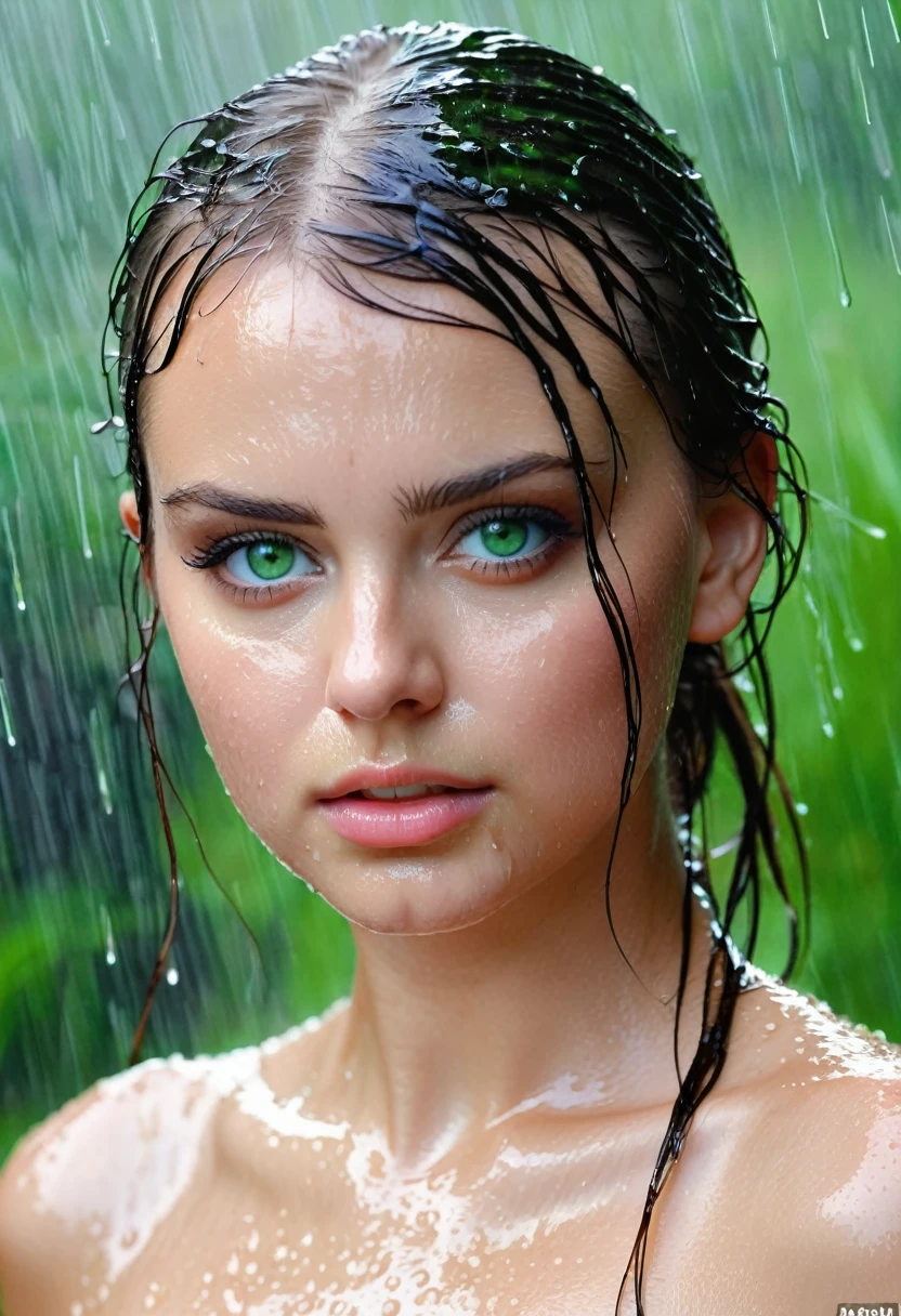 Russian girl with green eyes wet by the rain