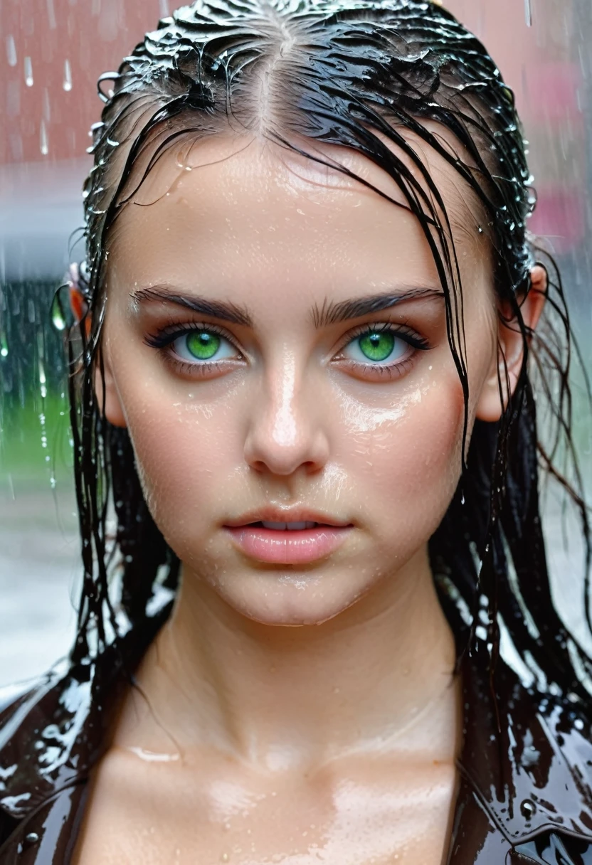 Russian girl with green eyes wet by the rain