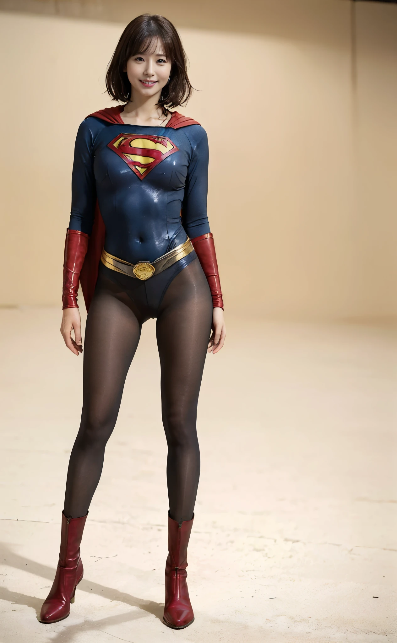 No background、(((Beautiful legs in black tights.)))、(((Legally express the beauty of your smile)))、((((Make the most of your original images)))、(((Supergirl Costume)))、(((Beautiful very short hair)))、(((suffering)))、(((Please wear black tights....、Wear red boots)))、((Best image quality、8K))、((Highest quality、8K、masterpiece:1.3))、(((Preserve background )))、Sharp focus:1.2、Beautiful woman with perfect figure:1.4、Slim Abs:1.2、Wet body:1.5、Highly detailed face and skin texture、8K