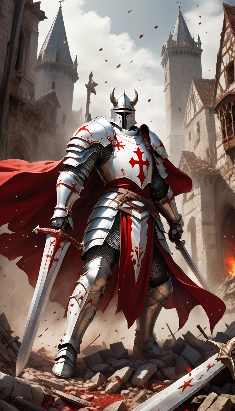 a man wearing full medieval European battle armor white with a hint of red carrying the sword Excalibur and a shield bearing the cross,is fighting ly against the devil with a background of collapsed ancient buildings domina white with messy buildings