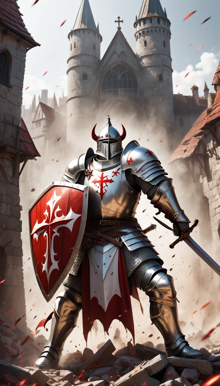 a man wearing full medieval European battle armor white with a hint of red carrying the sword Excalibur and a shield bearing the cross,is fighting fiercely against the devil with a background of collapsed ancient buildings dominated by white with messy buildings