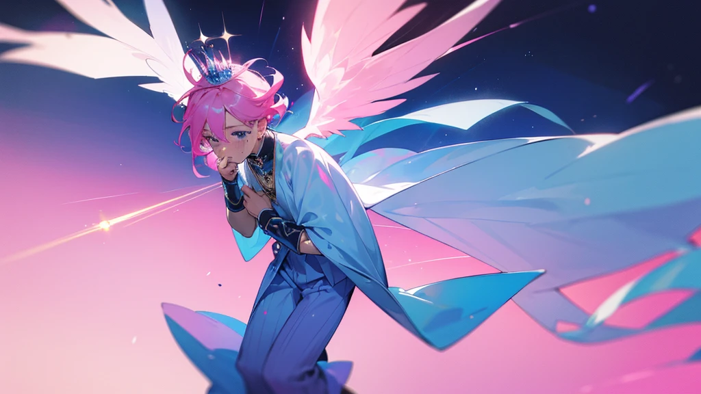 A man with pink hair and blue stars. His face was hopeless and crying. He was tall and thin, wearing a blue and pink divine outfit, blue and pink trousers, and a crown. There are white and black god wings. in mobile phone globe