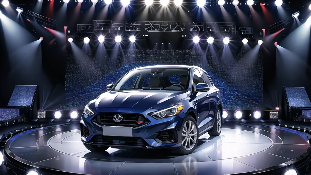 Navy blue car, front (stage:1.4),