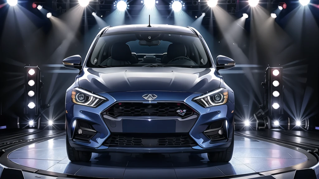 Navy blue car, front (stage:1.4),