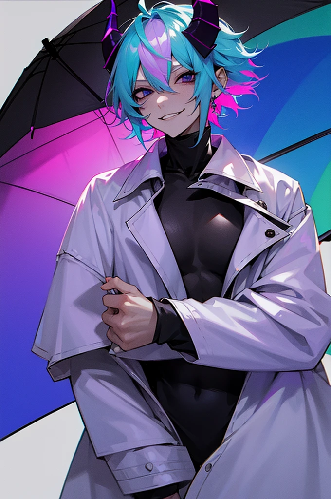 Pale skin, light blue hair, green streaks in hair, pink streaks in hair, purple streaks in hair, black eyes, birthmark on right eye, cute, pretty, umbrella, short hair, messy hair, smirking, smug, pretty, beautiful, white jacket, black turtleneck, male, evil, demonic, pink purple green and blue hair, iridescent hair, neon hair, blue hair, blue, demonic eyes, scary, horns, demon horns, space, thin, fragile, angry
