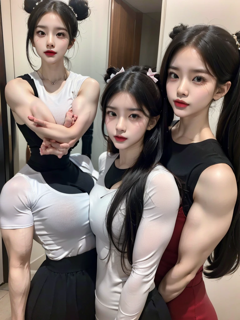 Four girls in school uniform pose for a photo in front of a mirror,,Confused eyes,Strong muscles,4 sisters,black,Shoulders visible,,black衣服,Bow your head,Angry expression,Hammerhead,Upper body only,exercise,Korean beauty photo,Gothic beauty,Bow your head,Angry expression,very beautiful. Big Muscle, , Very strong, Distinct facial features, , Strong arms,, Strong Woman, Stunning beauty, Muscle characteristics, Big Arms, muscular!!, tall and big, Strong posture, Muscle tissue, , Muscle tissue, Asian women,avatar,Sportswear,Upper body only,
