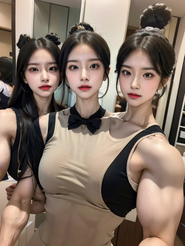 Four girls in school uniform pose for a photo in front of a mirror,,Confused eyes,Strong muscles,4 sisters,black,Shoulders visible,,black衣服,Bow your head,Angry expression,Hammerhead,Upper body only,exercise,Korean beauty photo,Gothic beauty,Bow your head,Angry expression,very beautiful. Big Muscle, , Very strong, Distinct facial features, , Strong arms,, Strong Woman, Stunning beauty, Muscle characteristics, Big Arms, muscular!!, tall and big, Strong posture, Muscle tissue, , Muscle tissue, Asian women,avatar,Sportswear,Upper body only,