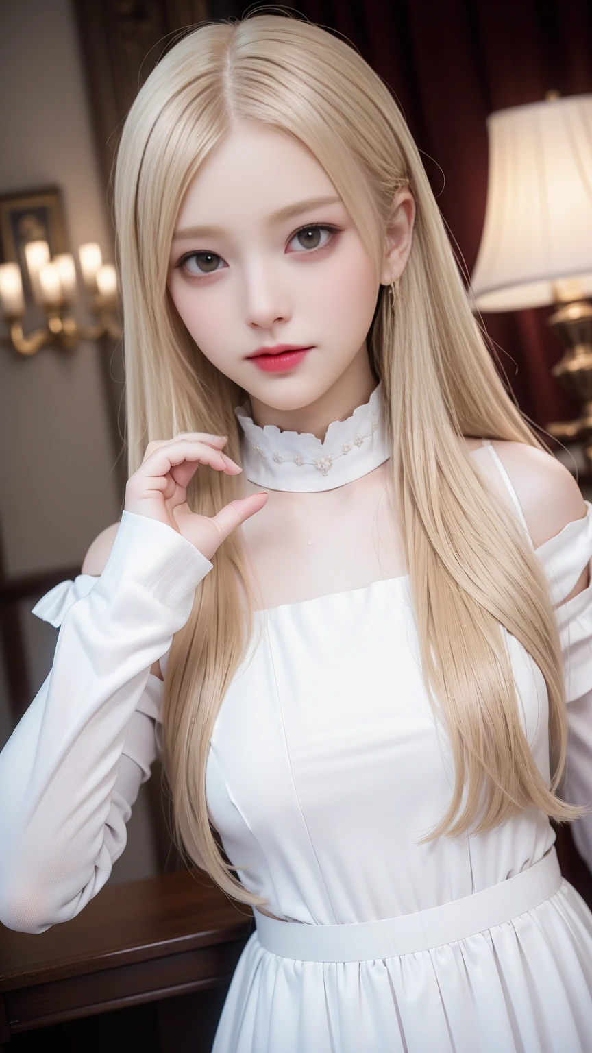 (8K, born, realistic: 1.25),, (Thin lip gloss, thin eyebrows, eyelash, tear bag, sharp bangs, shiny face, shiny skin, highest quality, ultra high resolution, Depth of the bounds written, chromatic aberration, caustics, wide lighting, natural shading, K-POPアイドル) Glasses, calm, Collect a strand of hair with your hand, long hair, smile, Small devil, inside the houseア)、(slim、:1.3)。3)、slimな腹部、over-((Blonde woman)),((Straight Bang、Princess Bang)),((Very Heavy、Berry Volume Bangs:1.1)),((Very Long、Very Heavy、Very Volume Side Lock:1. 1))、Hime cut