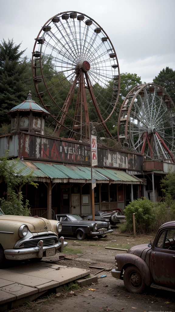 An abandoned amusement park reclaimed by nature, with rusting roller coasters and carousels frozen in time. Zombie