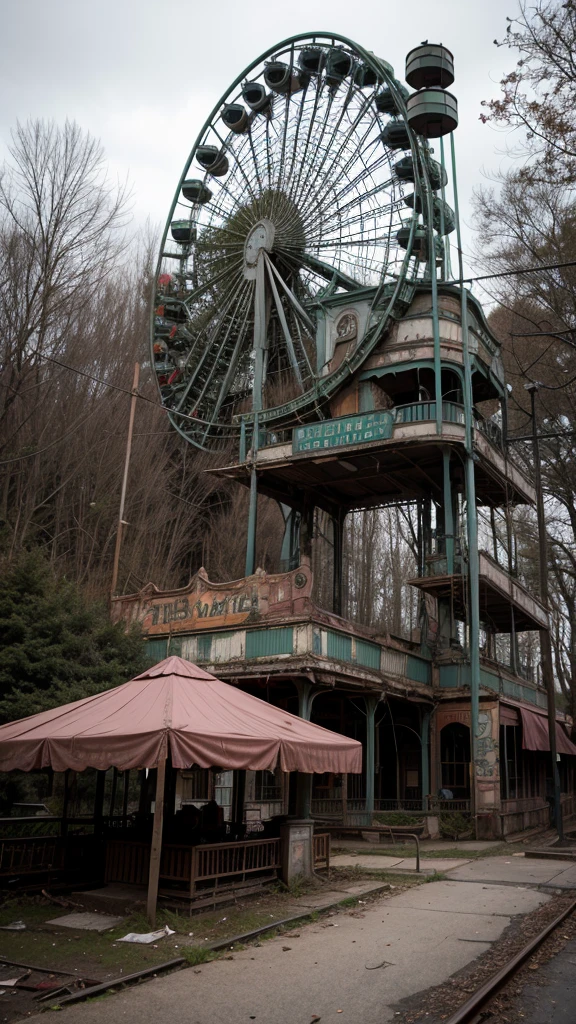 An abandoned amusement park reclaimed by nature, with rusting roller coasters and carousels frozen in time. Zombie