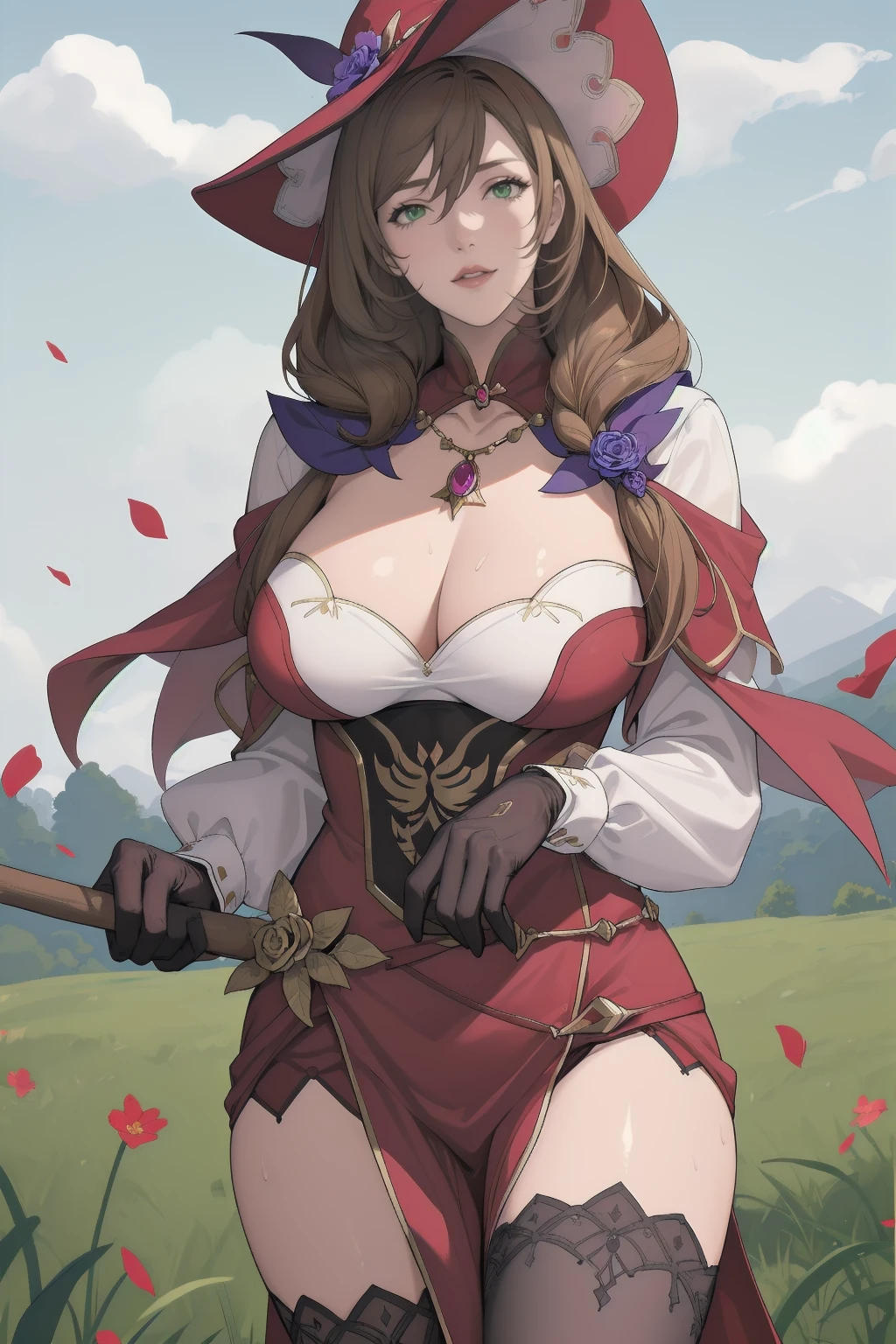 (masterpiece:1.2, best quality), (1girl, solo),milfication, lisadef, milf, (mature female), 40 year old woman, make up, smiling , parted lips, highly-detailed, gorgeous perfect face, , sagging , (), ((thick thighs)), slim waist, hourglass figure,tall ,long legs, (red lips), thick lips, (Voluminous brown hair), hair flower, witch hat, green eyes, dress, caplet, belt, gloves,thighhighs, necklace, big earrings, (sweating), , blushing, (Adult Temptress),  pose, walking, outdoors, countryside, grass field, flowers, soft lighting, (front view), hand in own hair, 