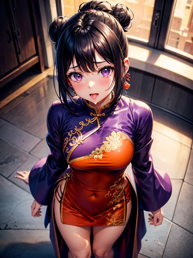 Highest Resolution,Highest quality,1People Girls,beautiful girl,Full body close-up,The body is frontal,looking at the camera,Standing posture,Crying face,Tears,Stringy saliva,Open your mouth,Sticking out tongue,Saliva,Tears overflow,Dripping a lot of saliva,Drooling,Dimly lit room,Orange lighting,,Purple Chinese Dress,Muscle Exposure,Bun Hair,Black Hair,short hair,