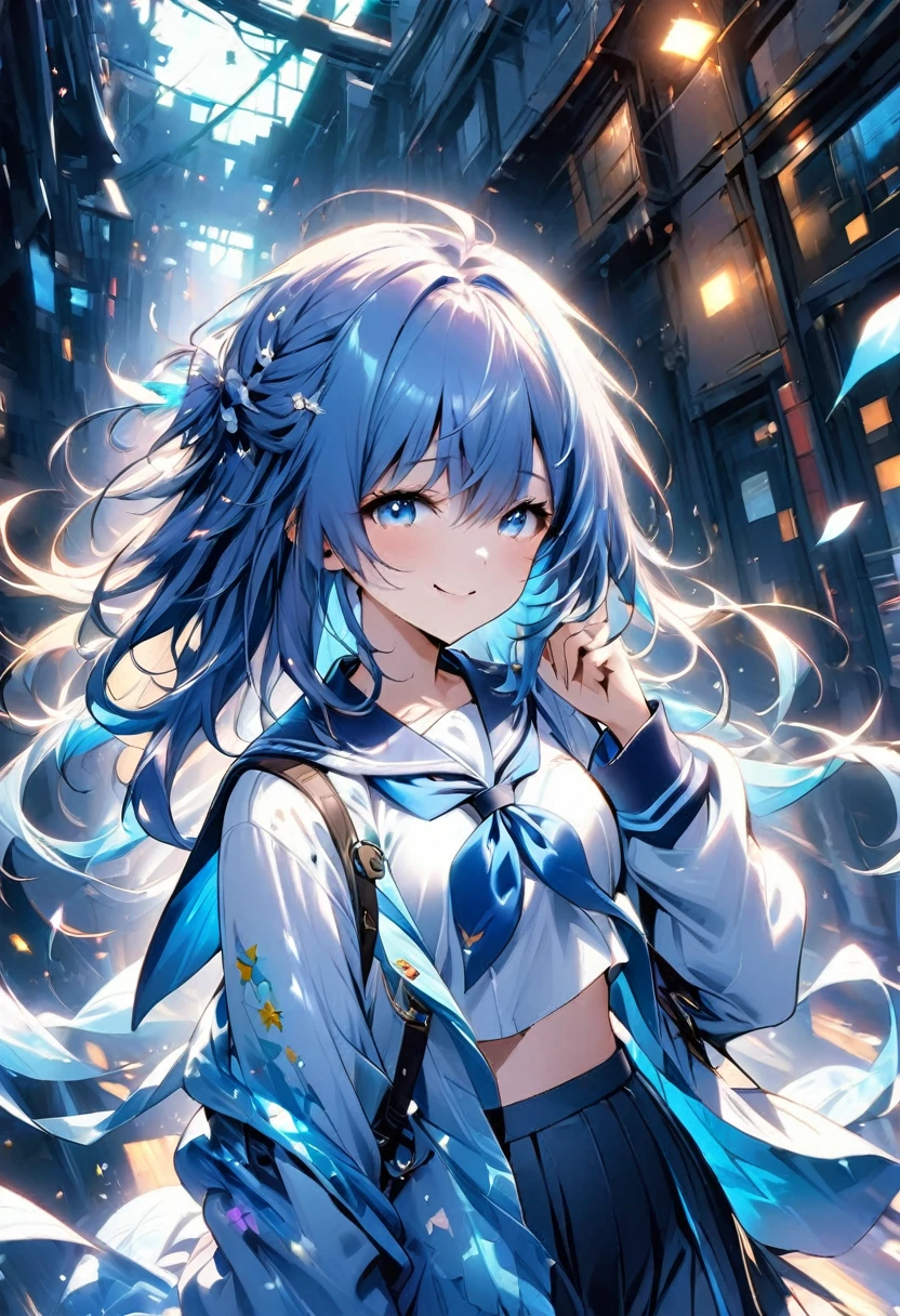 One Girl、18-year-old、high school student、Blue Hair、Sailor suit、smile