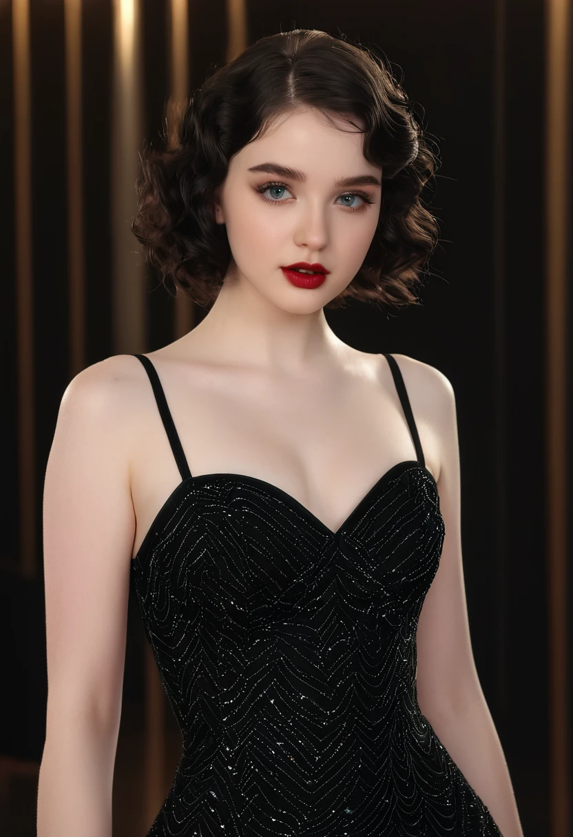 a young pale-skinned beautiful woman, 18 years old, short black wavy hair wearing a tight-fitting sensual dress, evening dress, perfect body, detailed face, beautiful eyes, long eyelashes, intricate makeup, (best quality,4k,8k,highres,masterpiece:1.2),ultra-detailed,(realistic,photorealistic,photo-realistic:1.37),dramatic lighting,cinematic,award winning photo