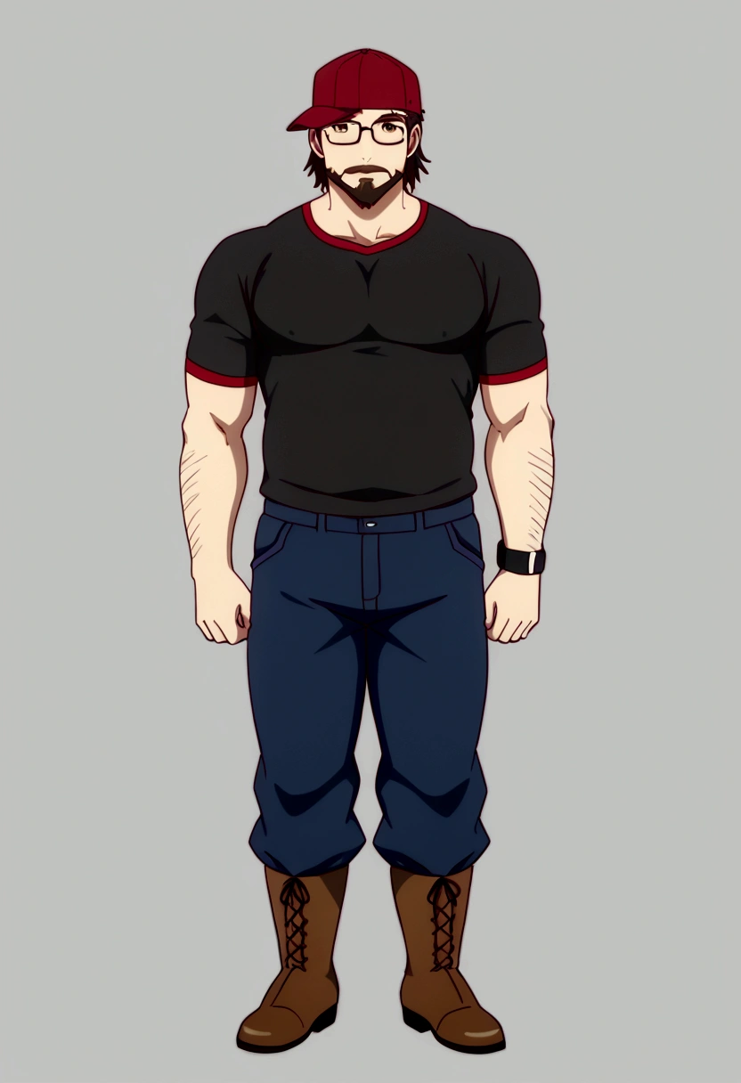 Man wearing a baseball cap、Black-rimmed glasses、Beard、Black Sukajan、Levi's 501、Reddish brown boots