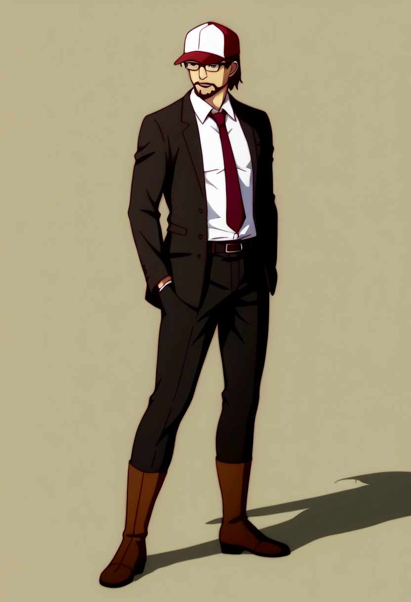 Man wearing a baseball cap、Black-rimmed glasses、Beard、Black Sukajan、Levi's 501、Reddish brown boots
