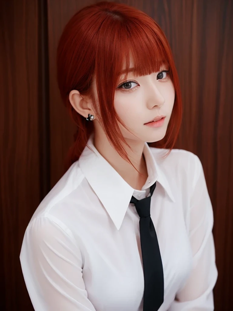 (Highest quality, Tabletop:1.2), 1 Girl, alone, Redhead,Beautiful eyes in every detail,(White shirt),Cowboy Shot,Black tie,bangs,ear,chest,16K ,realistic, japanese idol