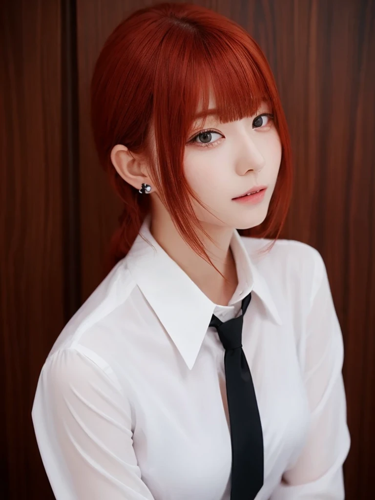 (Highest quality, Tabletop:1.2), 1 Girl, alone, Redhead,Beautiful eyes in every detail,(White shirt),Cowboy Shot,Black tie,bangs,ear,chest,16K ,realistic, japanese idol