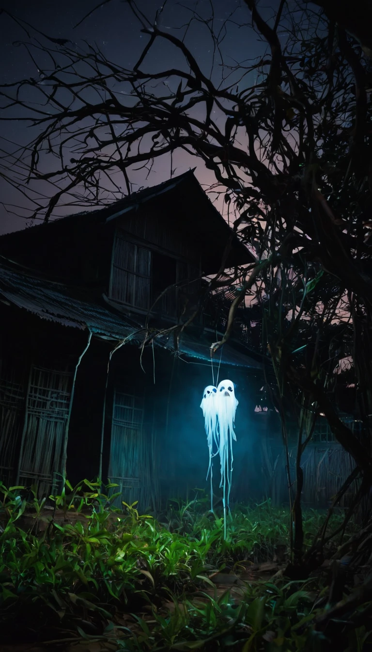 Create an eerie, night-time scene in a rural Cambodian village. In the foreground, depict the 'Ap' ghost: a disembodied female head with long, dark hair and glowing eyes. The head should have trailing entrails, including the stomach and intestines, hanging beneath it. The 'Ap' is floating above the ground, with a faint, ghostly glow illuminating its form. In the background, show traditional wooden stilt houses, some with thorny branches placed around them for protection. The scene should have a dark, ominous atmosphere, with shadows and moonlight casting a haunting light. Include subtle details like trees and foliage typical of the Cambodian countryside."