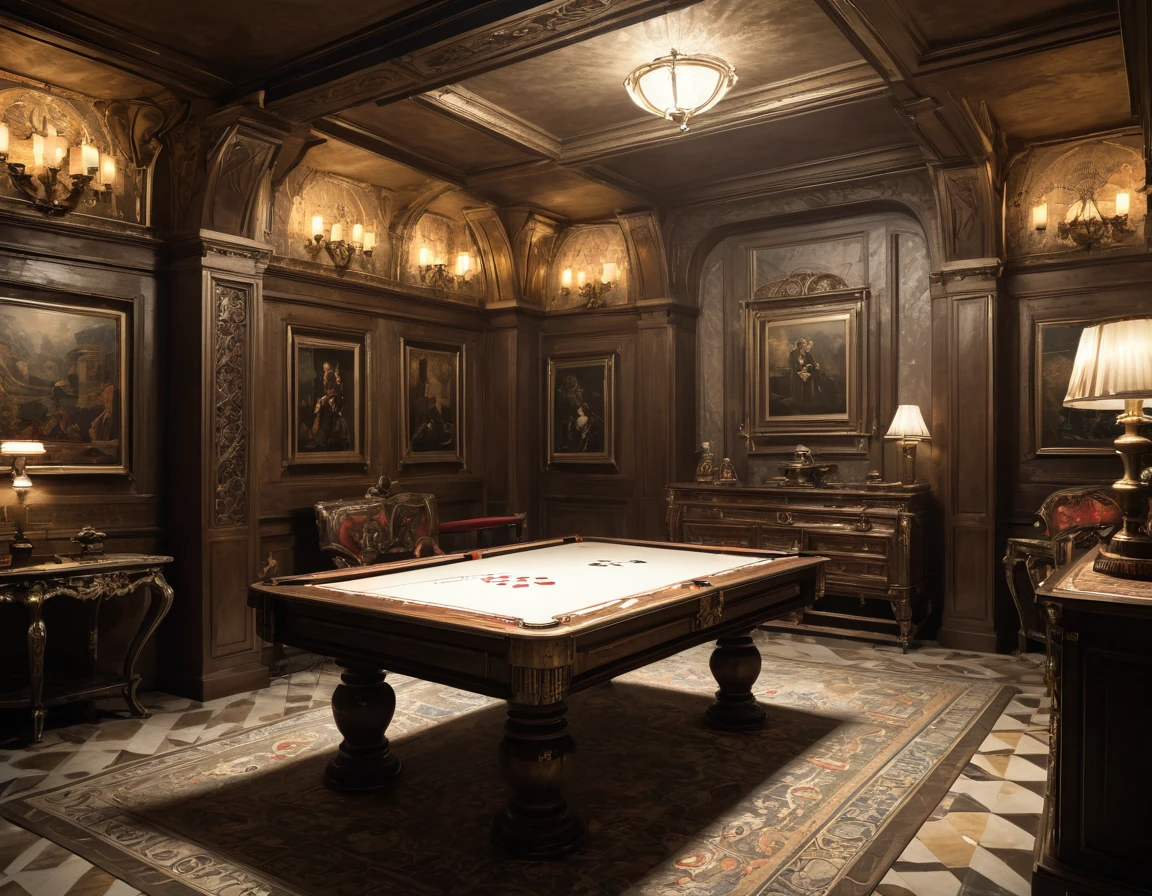 Chess and cards room, subterranean, broad, raise the level, complicated, (best quality, Masterpiece, Agent work, official art, professional, 8K)