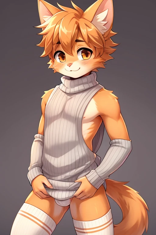 (SFW) Cute, furry, orange tabby cat boy wearing  a light gray sleeveless turtleneck virgin killer sweater that is covering his crotch with a slight bulge, and light gray thigh-high socks, best quality, no nsfw