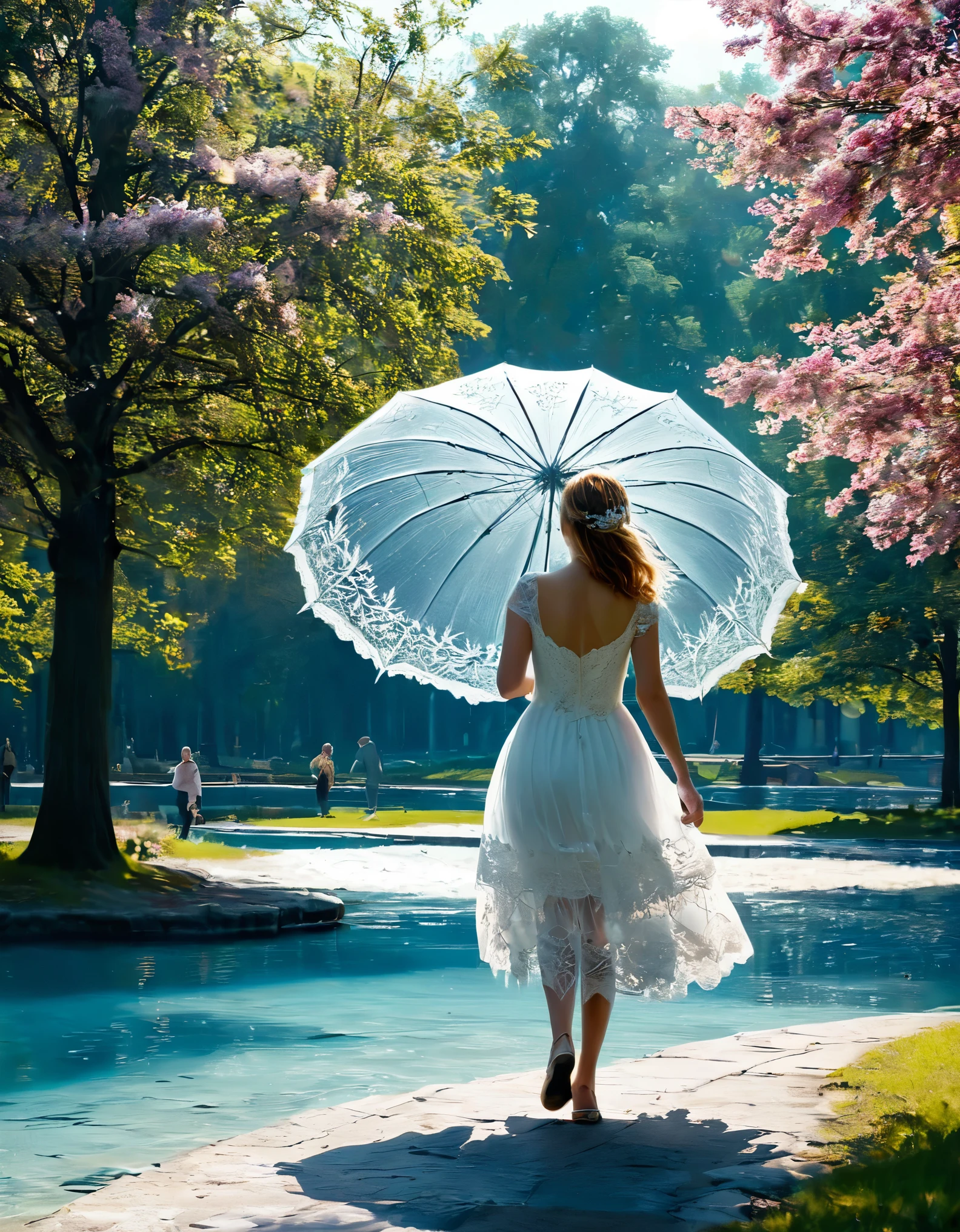 A huge parasol in finely carved and openwork frozen water lace offers shade to a sublime happy and radiant woman walking in a park