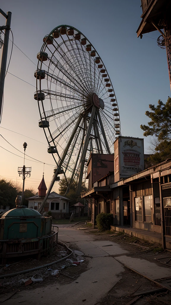 An abandoned amusement park reclaimed by nature, with rusting roller coasters and carousels frozen in time. Zombie Apokaliptic