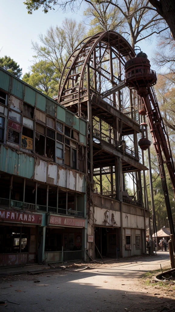 An abandoned amusement park reclaimed by nature, with rusting roller coasters and carousels frozen in time. Zombie Apokaliptic