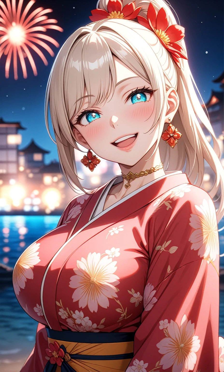 ((One personの女性)), Beautiful Face, ((Laughing embarrassedly)), (laugh),((Wink:1.7)), (head tilt), Laugh with your mouth wide open,((Bright red cheeks:1.4)),Shiny red lips,night,横浜のnight景,You can see the ocean, firework,Laughing with your mouth open,Glossy pink lips,Facial lighting,((Anime style background)),masterpiece, Highest quality, so beautiful,up to date, Complex details, (Pink long nails),(ring),(bracelet),(choker),AI-generated, Complex,High resolution, Highest quality, super high quality,3D Images、3D Images,One person,Long blonde hair,High Ponytail,(turquoise blue eyes),Anime woman posing for a photo, ((Fine grain、Colorful eyes、Shining Eyes:1.3)),(Squint your eyes:1.1),a hyperRealistic , hyperRealistic , Realistic,Anime woman with long white hair, Smooth anime CG art, A woman in a colorful kimono with gold embroidery, (Pink long sleeve kimono),Red floral pattern,Long flower hair ornament,Earrings,Mature Body,(Big Breasts:1.1),Tall,Abdominal muscles,Tight waist,(Zoom up to face:1.4),(front view),