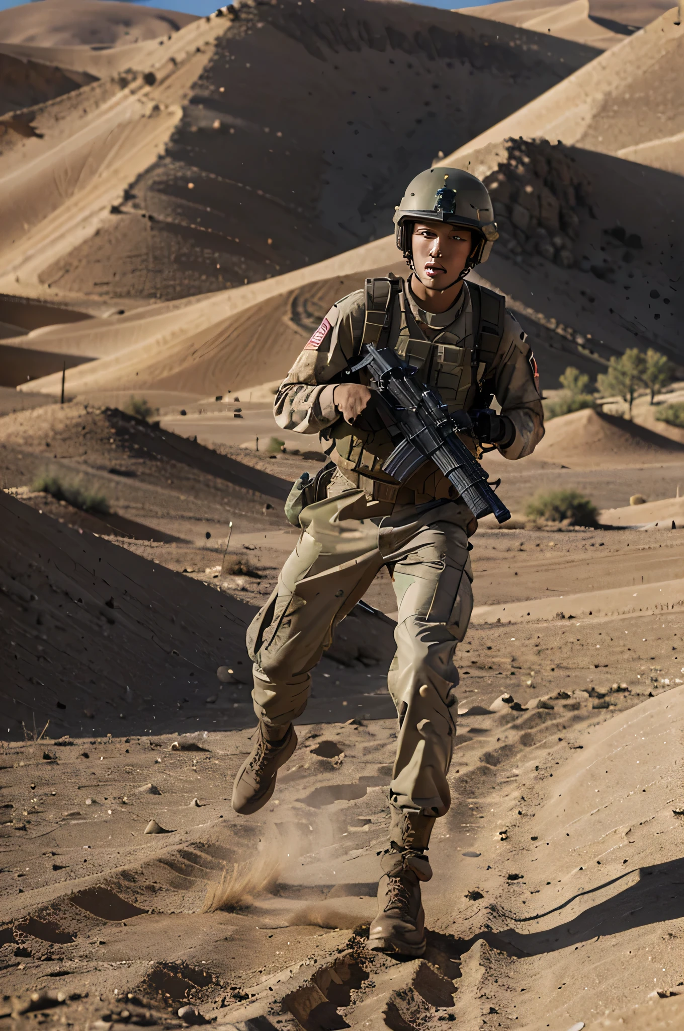 20 years old man, a soldier, wearing soldiers uniform with helmet, bring the machine gun, run at the desert with war background