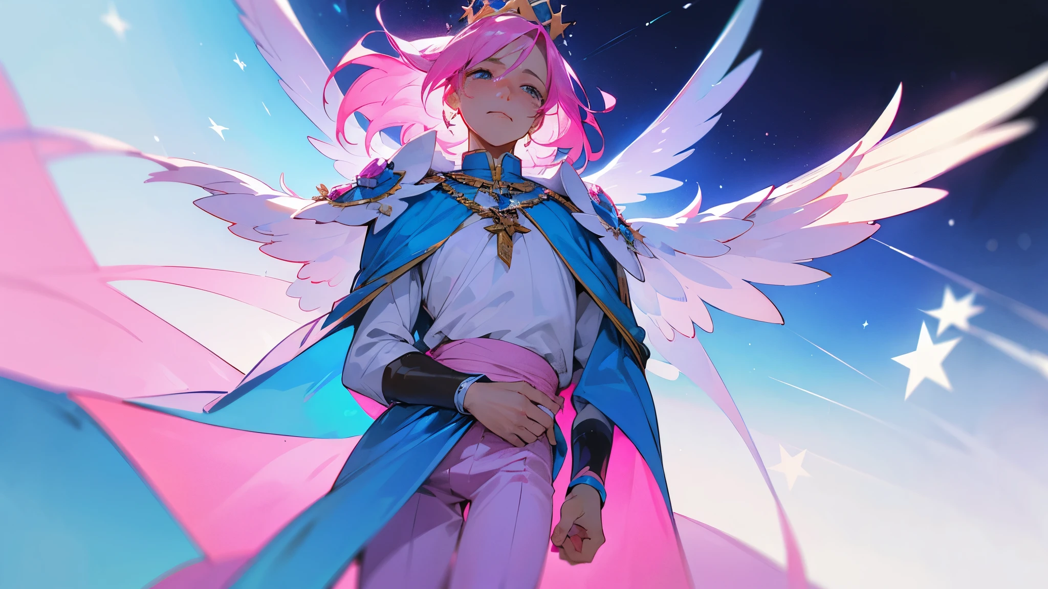 A man with pink hair and blue stars. His face was hopeless and crying. He was tall and thin, wearing a blue and pink divine outfit, blue and pink trousers, and a crown. There are white and black god wings. in mobile phone globe