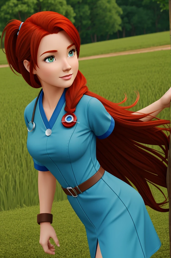 Redhead rural doctor girl. animated cartoon, super champions style.