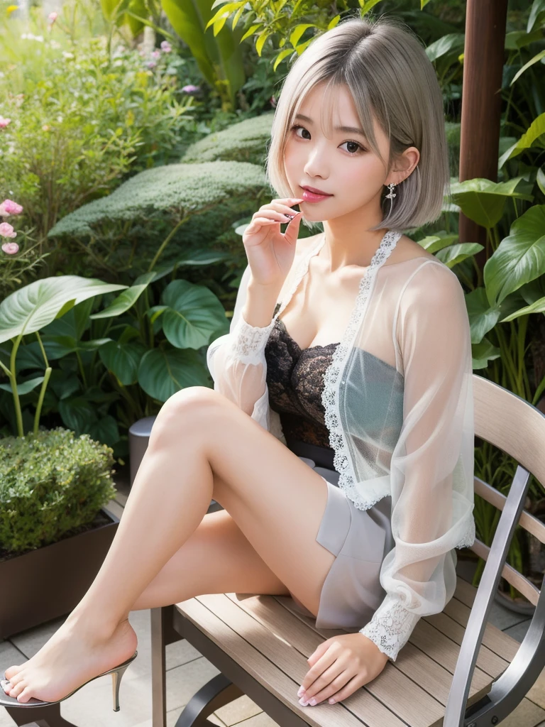 (8K, Realistic, RAW Photos, Highest quality: 1.4, detailed),Japanese idol-style beautiful girl,1 person,18-year-old,(Short Bob),(Silver Hair :1.1),She has her hair tucked behind her ears,Large, clear grey eyes,Long eyelashes,(piercings(small)),(Lip gloss),lips(Plump,glossy),(Lace tube top),(A short, see-through jacket),(Sheer layered flared skirt(Long length :1.4)),Long legs,Barefoot and high heels,Cafe terrace with a view of the Japanese garden,(Sit on a chair(Spread your legs wide :1.6,Lean forward on the chair with your hands between your legs.)),Smiling at the camera,Front view,Full body portrait