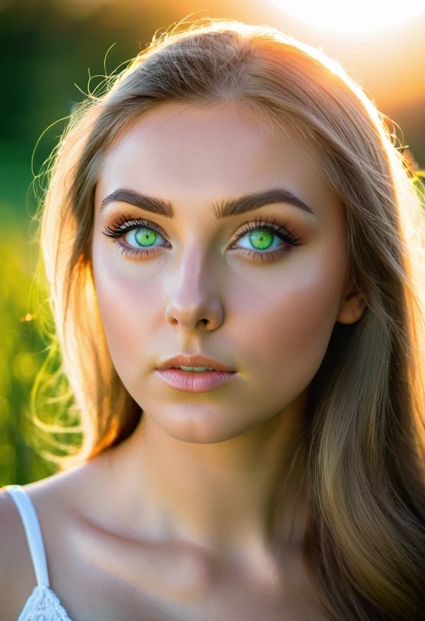 Russian girl with green eyes looking towards the sun