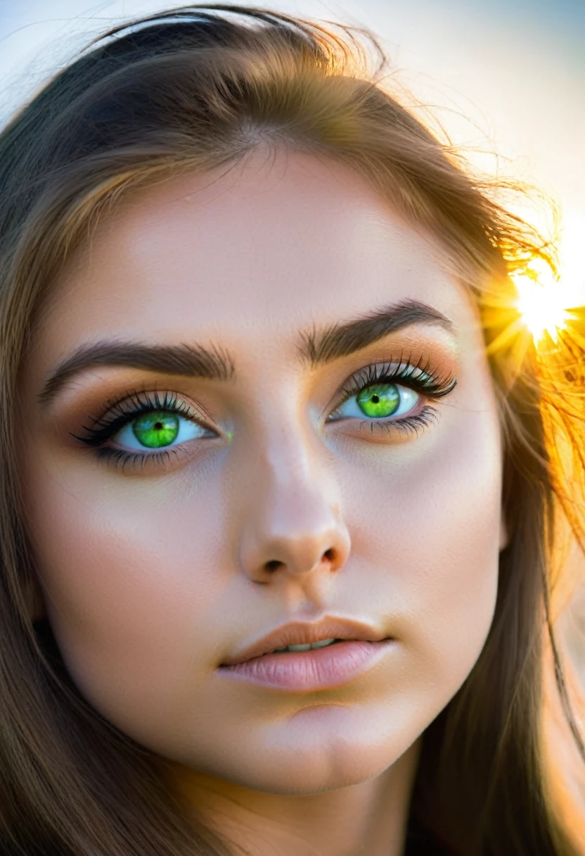 Russian girl with green eyes looking towards the sun