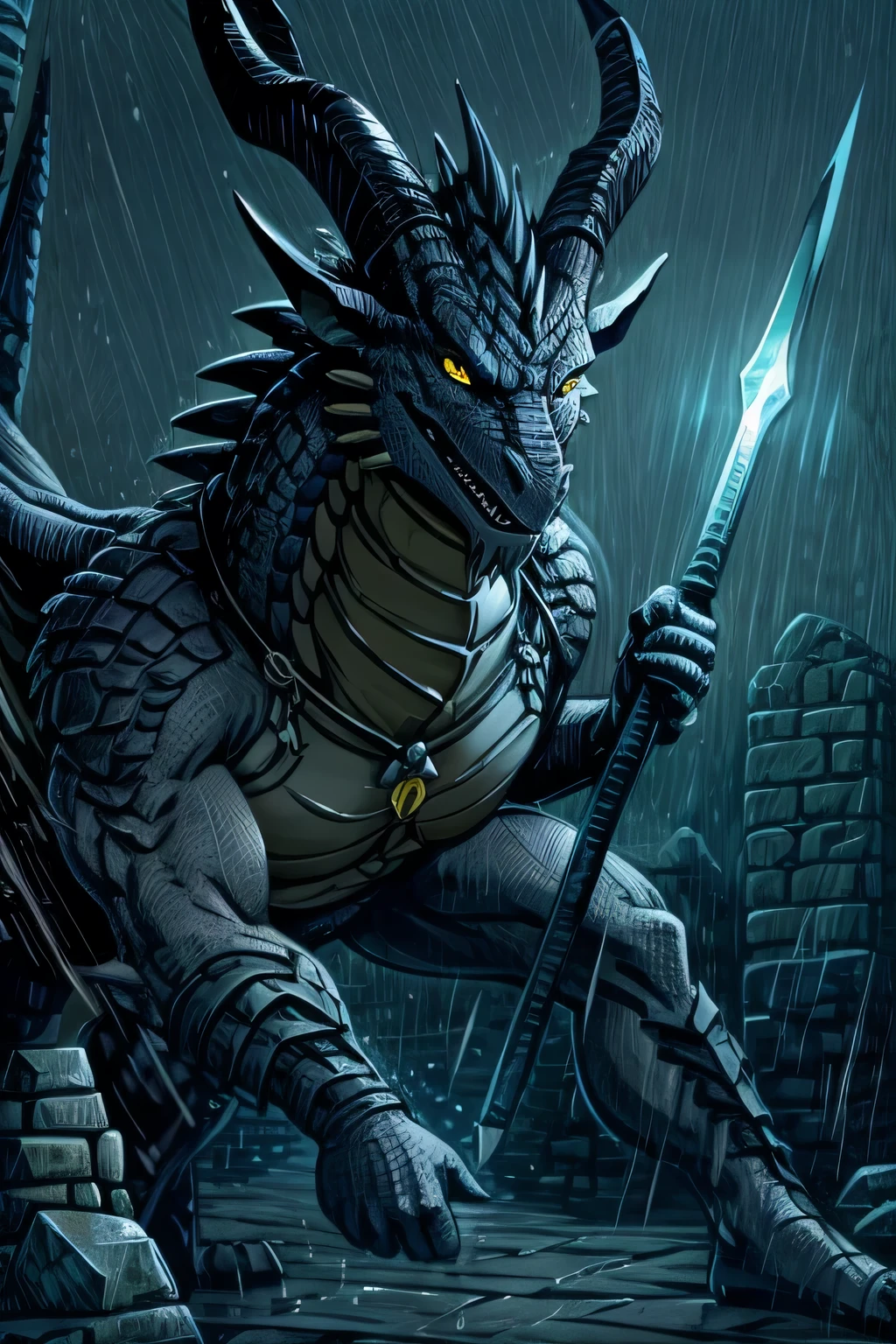 Male, Anthro, Western Dragon Raining, Dynamic pose, half body close up, holding large spear, stone scales, yellow eyes, long horns, long neck, dim environment, eerie