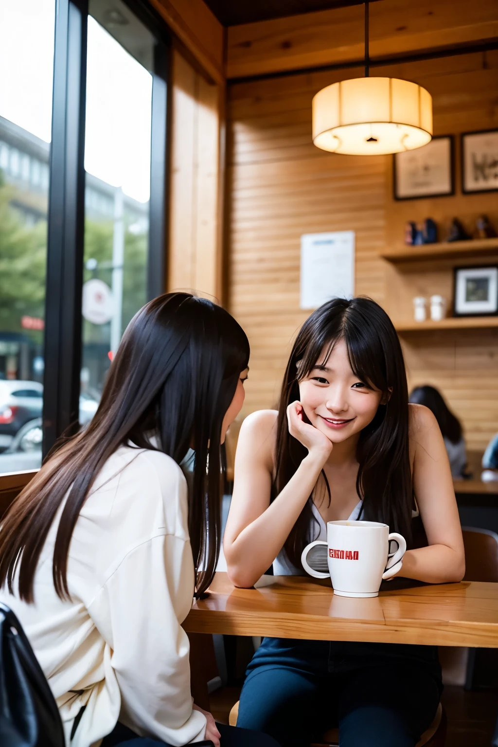 With a Japanese man in his 20s、Two Japanese women in their twenties drinking coffee facing each other in a coffee shop。The man can only be seen from behind。Women have dark hair down to their shoulders。She is happily talking to a man。