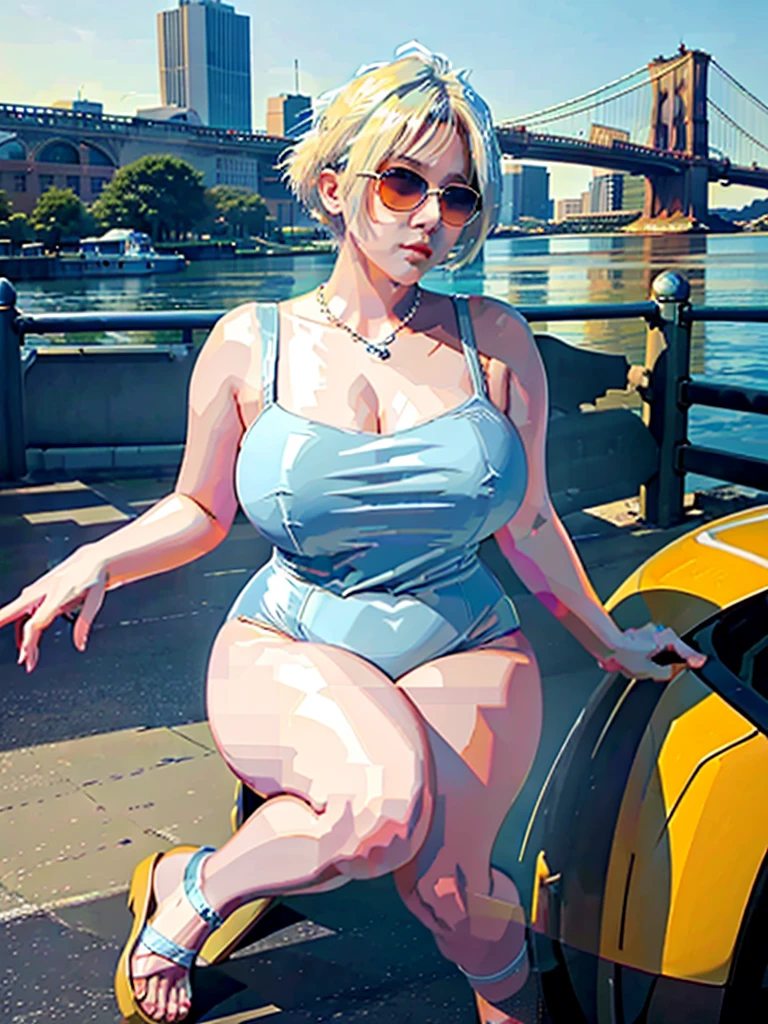A blonde plus size model; voluminous and natural lips; short hair; voluminous and firm thighs; wearing pearl white leotard and sunglasses. He parades in light gray sandals; in the New York neighborhood of DUMBO; on the banks of the East River. In the background, the Brooklyn Bridge and Manhattan skyscrapers. Vanilla blue sky. Hyper-realistic definition and smooth color gradation.