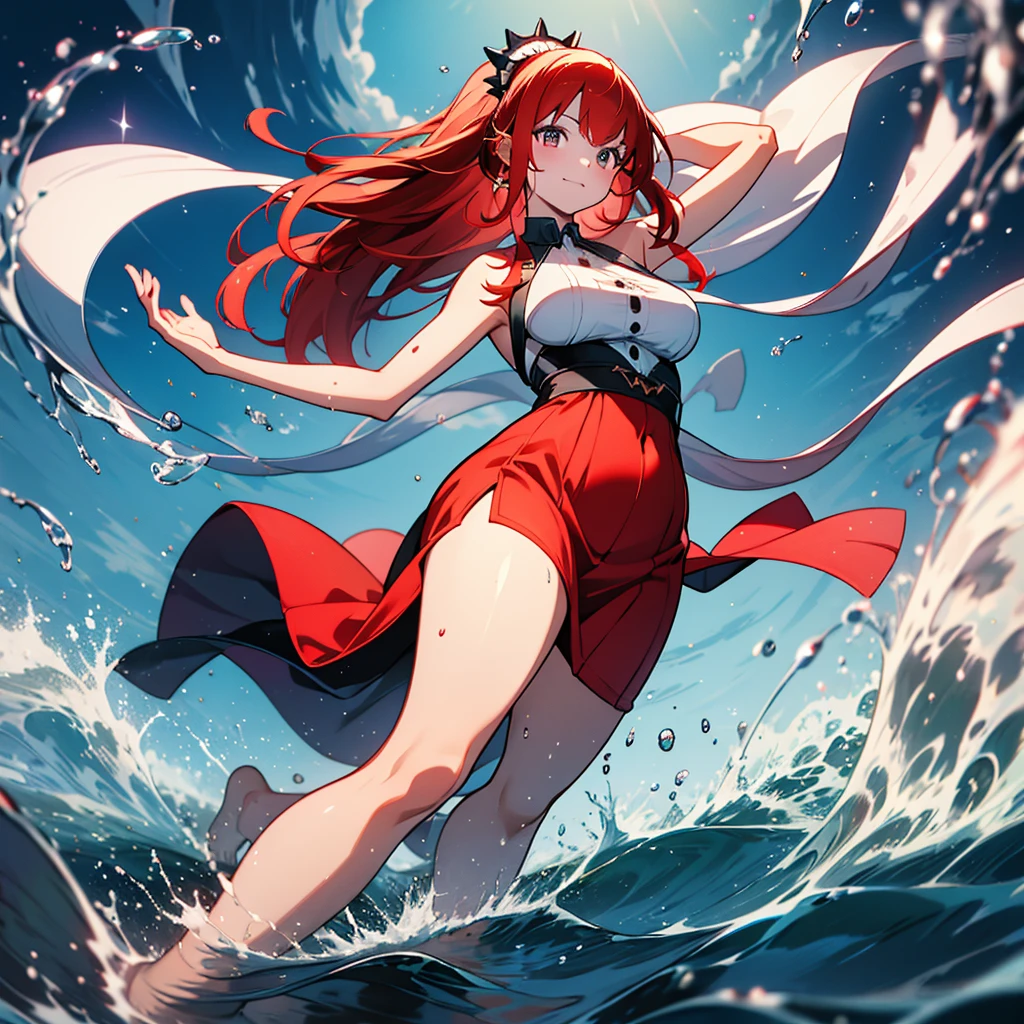 ((best quality)), ((highly detailed)), , (1girl), dynamic pose, upper body, innocent, wide eyes, big eyes, cute, breasts, red sundress, maxiskirt, (outdoors, at a church, morning, sunrise), <lora:Yomama_Edo_artstyle:.95>, yomama_edo, (wave)