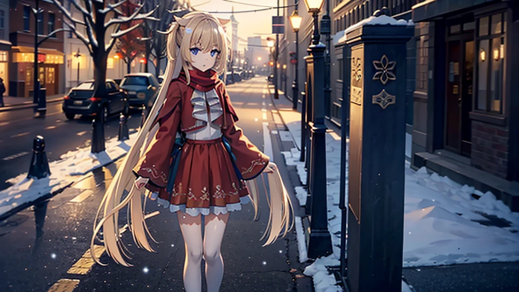 ((masterpiece)),(best quality),Official Art,Extremely detailed CG,Unity 8K wallpaper,Very detailed,Beautiful and delicate eyes,Extremely detailed face,1 girl,solitary,,(whole body:1.5),(small:1.3),，winter，Snowflakes fell in the sky，Light up the lights，Have a prosperous New Year，Spring Festival，Wearing a long red scarf，Red coat，Walking in the street，Celebrate in a warm atmosphere