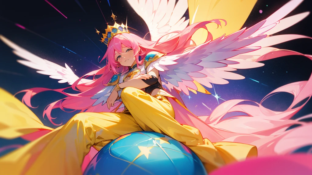 A man with long pink hair and bright blue stars. The face was hopeless and crying. Tall and thin, wearing a yellow and pink divine outfit, yellow and pink trousers and a crown. There are white and black god wings. in mobile phone globe
