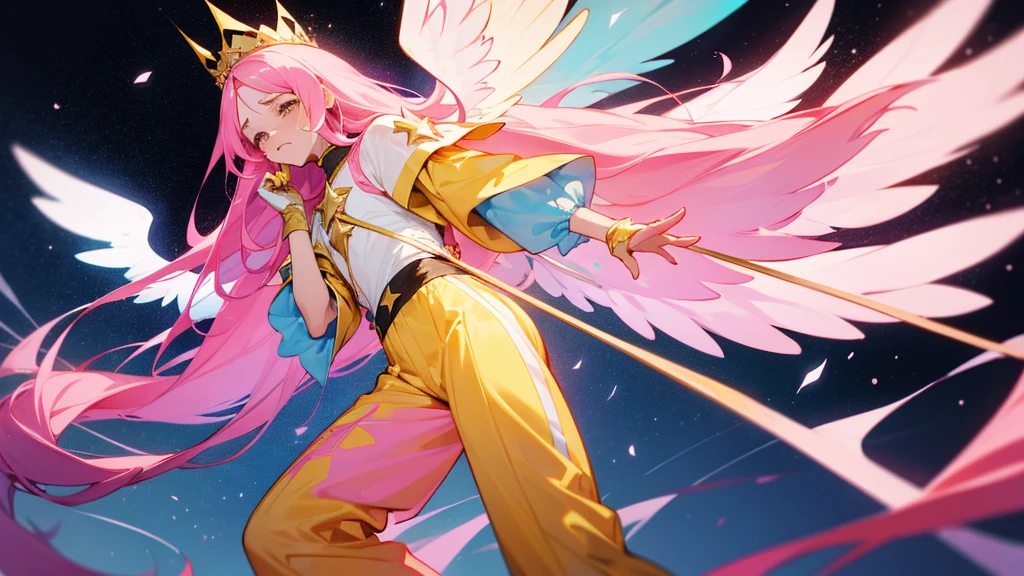 A man with long pink hair and bright blue stars. The face was hopeless and crying. Tall and thin, wearing a yellow and pink divine outfit, yellow and pink trousers and a crown. There are white and black god wings. in mobile phone globe