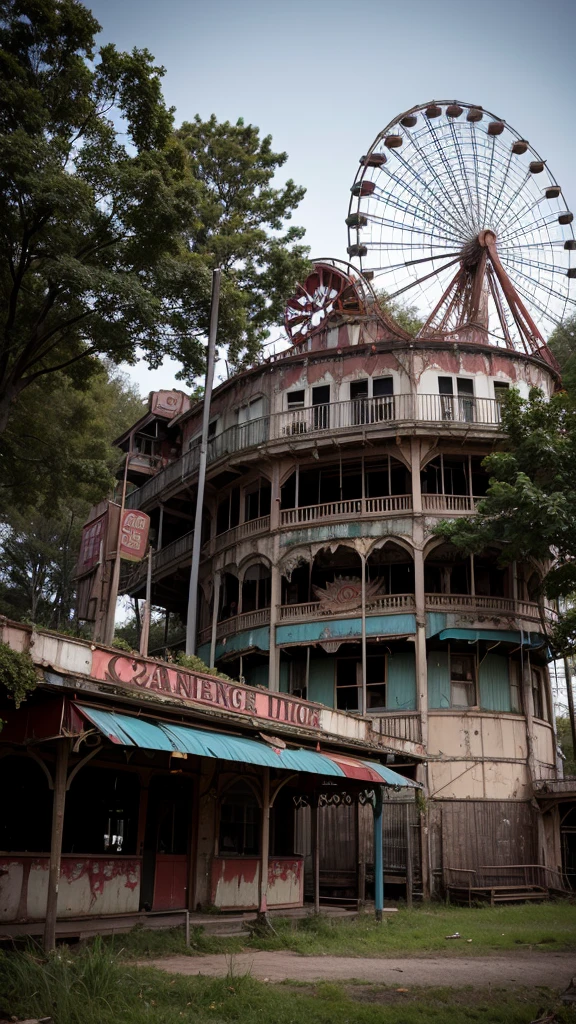 An abandoned amusement park reclaimed by nature, with rusting roller coasters and carousels frozen in time. With a horror atmosphere