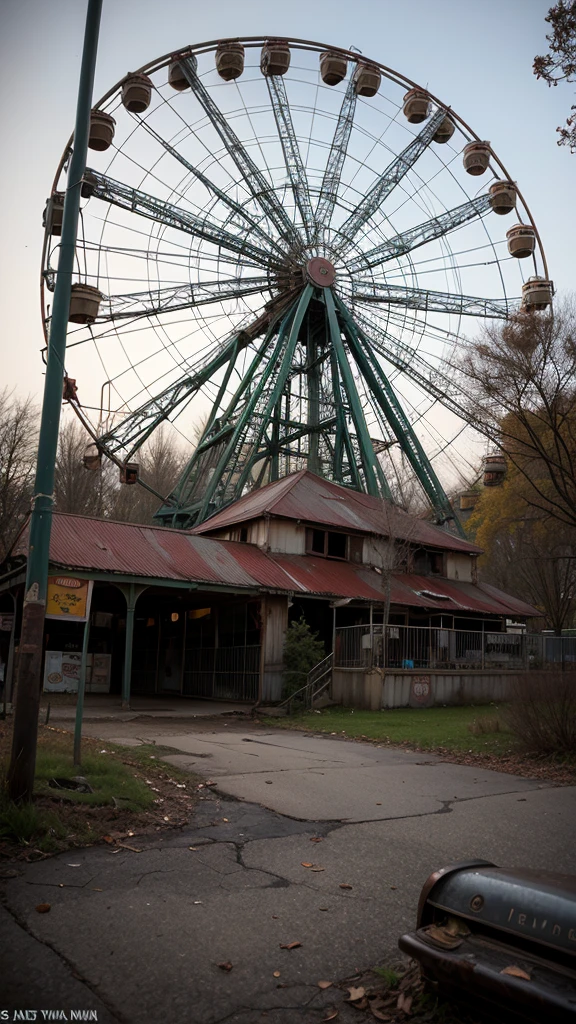 An abandoned amusement park reclaimed by nature, with rusting roller coasters and carousels frozen in time. With a horror atmosphere 