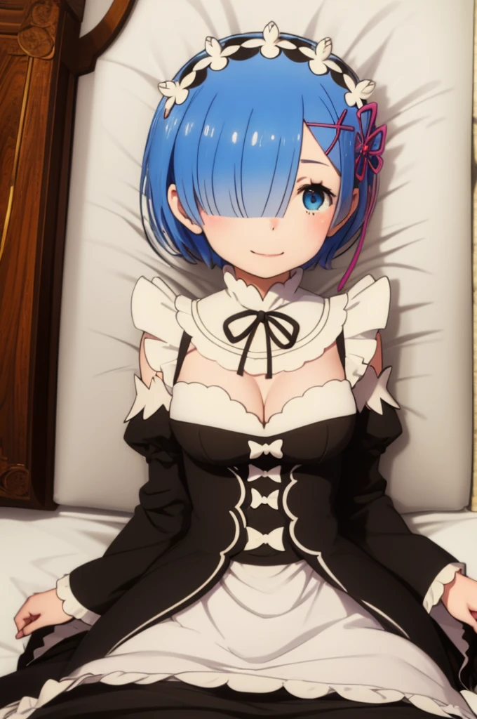 (masterpiece, best quality;1.3), ultra detailed, Looking at viewer, castle, lying on bed,smile, rem_re_zero, blue hair, short hair, maid uniform, hair ornament, cleavage, maid headdress, detached sleeves, ribbon