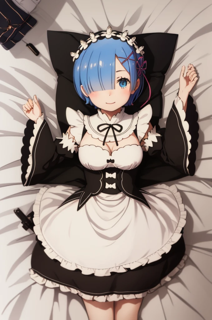 (masterpiece, best quality;1.3), ultra detailed, Looking at viewer, castle, lying on bed,smile, rem_re_zero, blue hair, short hair, maid uniform, hair ornament, cleavage, maid headdress, detached sleeves, ribbon