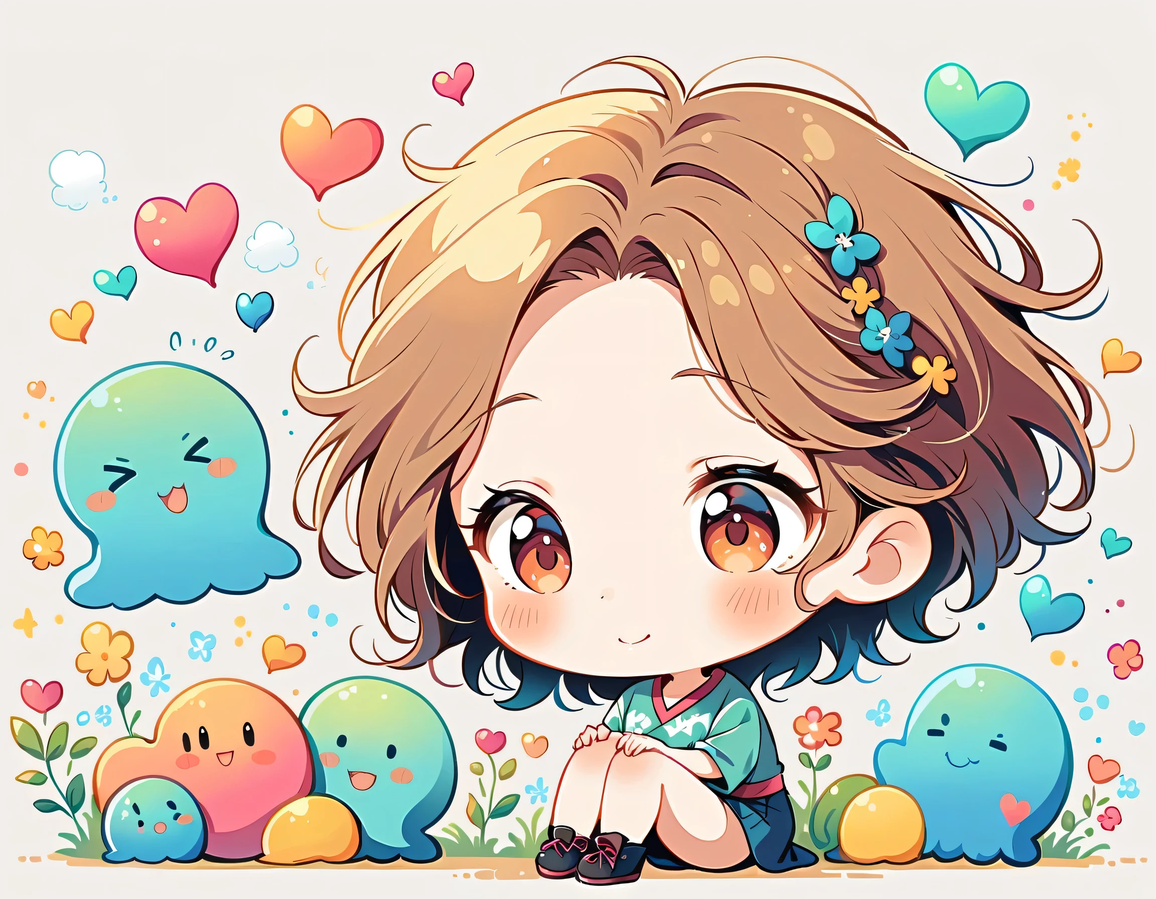Mai Yoneyama style, Simple Line Initialism,Abstract art, colorful hearts ,(((The most beautiful girl of all time))), (((chibi))), (((Cute amoeba))), nap、best smile